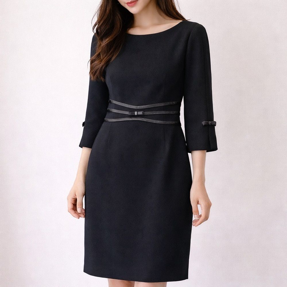 Liz Claiborne Black Sheath Dress Silk Trim Bow Waist 3/4 Sleeve Size 8 Retro